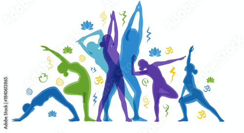 Yoga Poses Harmony: A colorful display of people gracefully practicing yoga poses, embracing the serenity and balance of mind and body through synchronized movements.