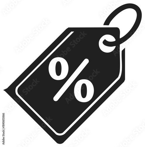 Black price tag with percentage symbol icon representing sale discount or special promotion offer