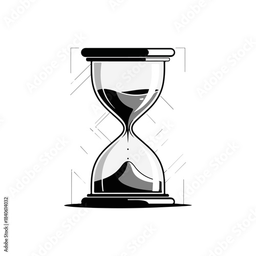 Minimalist black and white hourglass illustration, abstract geometric lines, flowing sand, time measurement