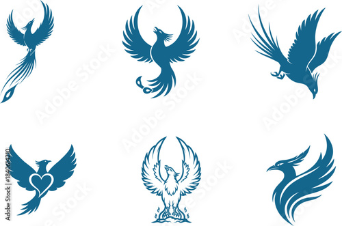 Majestic phoenix bird mythological creature illustrations set showcasing power strength and rebirth in various dynamic poses and stylized designs perfect for graphic projects