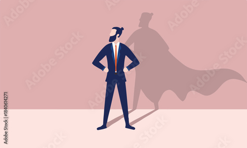 Business hero - Bearded hipster businessman standing proud and casting superhero shadow on wall. Heroic, courageous and brave man concept. Vector illustration