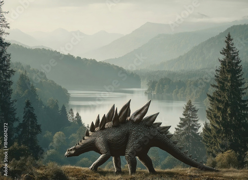 Kentrosaurus exploring a primeval landscape with lakes forests and mountains in the background