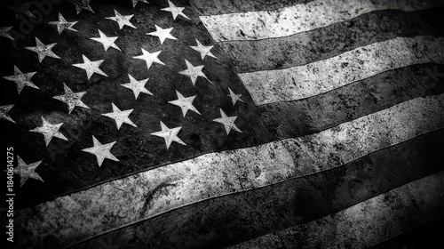 Distressed grunge black and white american flag waving, symbolizing patriotism, history, strength, and solemnity