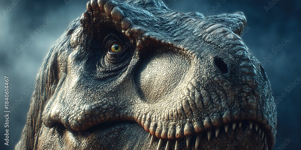 Fototapeta premium A detailed view of a tyrannosaurus in a forest setting surrounded by towering mountains