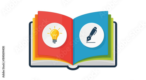Creative Literary Journey: An open book springs to life, its pages adorned with symbolic illustrations of an idea and a pen, whispering stories of knowledge and innovation.