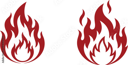 Two vibrant red flame icons with dynamic stylized shapes are powerfully depicted as vector graphic illustrations on a clean white background for various design applications