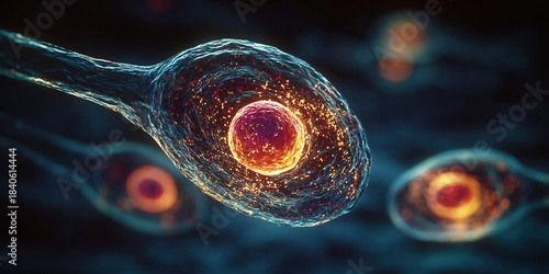 Fertilized oocyte under microscope showing sperm cell interaction in detailed macro view
