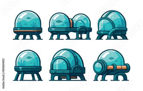 Aquarium dome designs, underwater structures, flat vector illustration