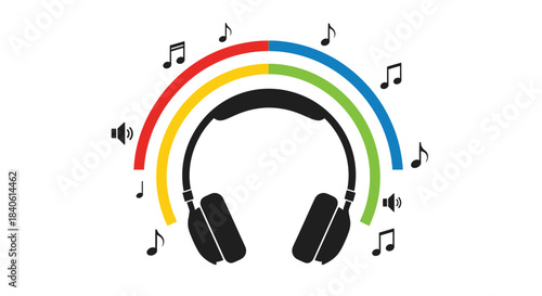 Sound Symphony: A visual representation of music's auditory and colorful spectrum, with a pair of headphones at its core, surrounded by musical notes and vibrant sound waves. 