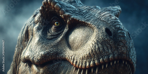 A detailed view of a tyrannosaurus in a forest setting surrounded by towering mountains