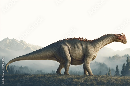 Vulcanodon dinosaur roaming through a primeval forest and mountain landscape