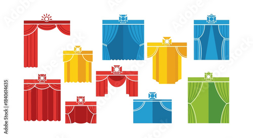 Curtain Collection: a vibrant array of abstract curtain designs, showcasing various colors and styles, perfect for adding a touch of elegance or playful artistry to any concept.