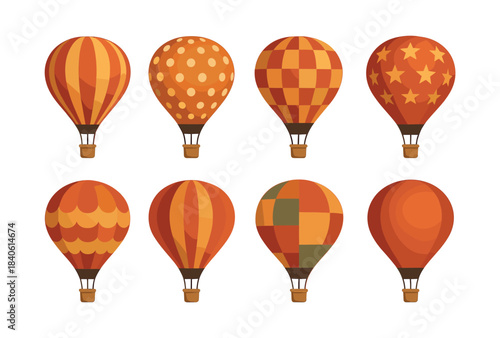 Hot air balloon designs, colorful patterns, flat vector illustration