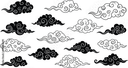 Collection of hand drawn black and white cloud illustrations
