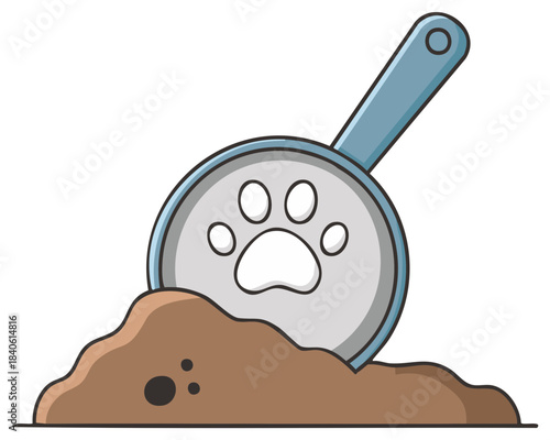 Cartoon Pet Poop Scooper with Paw Print Digging into Waste