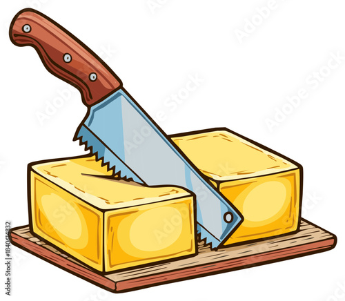 Cartoon blocks of butter are cut on a small wooden cutting board with a serrated knife in a colorful illustrative design