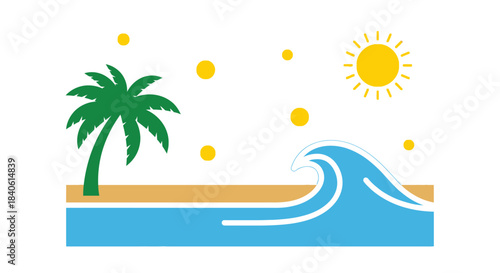 Coastal Calm: a tranquil beach scene with sun, waves, and a single palm tree, perfect for evoking a sense of serenity and escape.