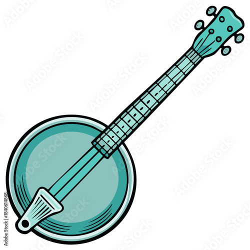 Teal Banjo Musical Instrument with Simple Cartoon Style