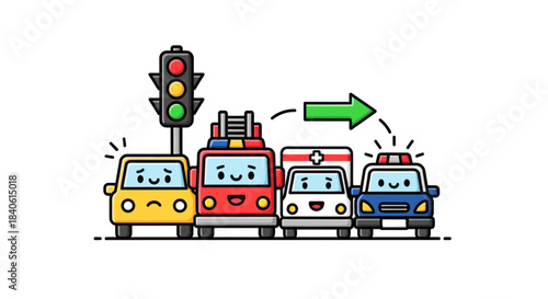 Emergency Vehicles Waiting At A Traffic Signal Cartoon Illustration With Emotions Displayed