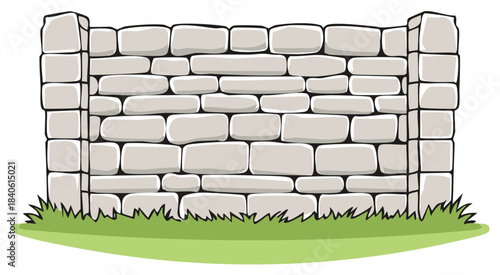 Cartoon illustration of a stone wall with grass. Landscape design concept.