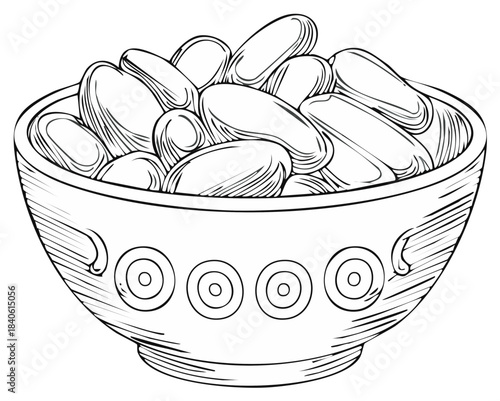 Hand drawn illustration of a bowl brimming with nutritious beans, depicting fresh ingredients for cooking