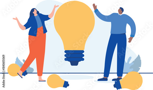 Business idea light bulb - Two people in office working with new ideas, smiling and being happy. Flat design vector illustration with white background