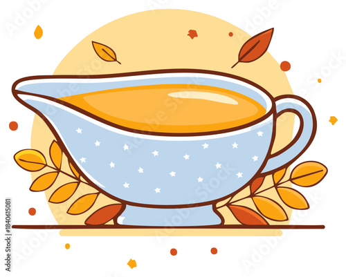 Cute gravy boat filled with golden sauce surrounded by autumn leaves for a festive fall meal illustration