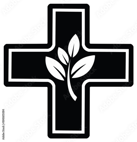 Natural Health and Wellness Icon with Medical Cross and Plant Leaves for Herbal or Alternative Medicine