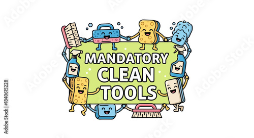 Essential Cleaning Tools Depicted With Cartoony Characters Demonstrating Cleanliness