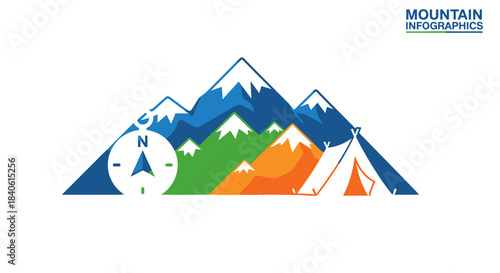 Vector illustration of a camping tent icon in a snowy winter mountain landscape under the sky