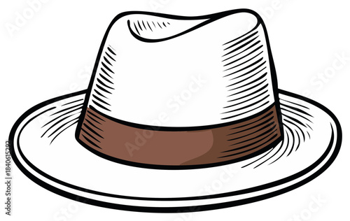Classic white fedora hat with a brown band an elegant retro men's accessory illustration