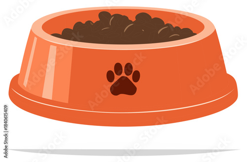 Orange Pet Food Bowl with Paw Print Filled with Dry Kibble