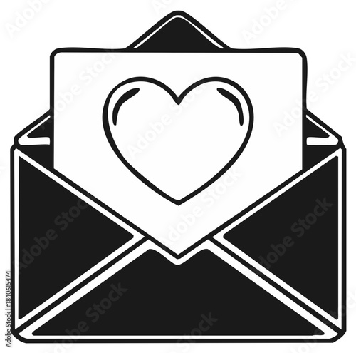 Open envelope with heart symbol on paper, a symbol of love and affection in black and white