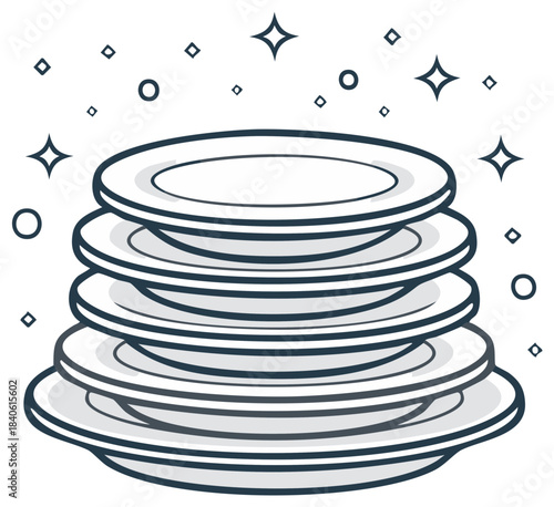 Stack of clean sparkling plates freshly washed dinnerware illustration