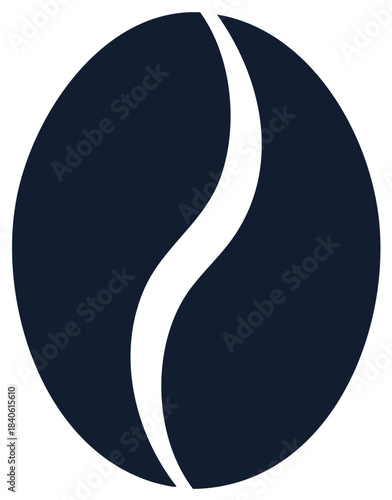 Elegant coffee bean vector graphic in dark blue, white curve detail on coffee seed