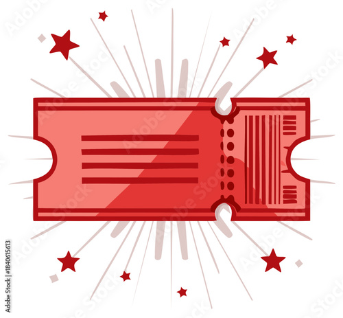 Red Raffle Ticket with Sparkles and Burst Background Illustration