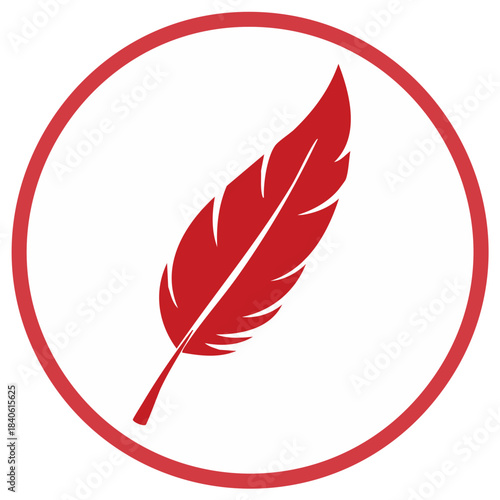 Elegant red feather quill pen icon in a circular frame vector graphic for writing literature and journalism