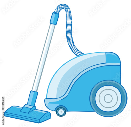 Simple vector graphic illustration of a blue canister vacuum cleaner for home cleaning and household chores