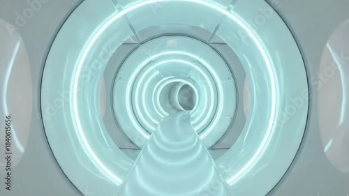 Futuristic white and cyan sci-fi tunnel corridor with glowing lights, abstract background.