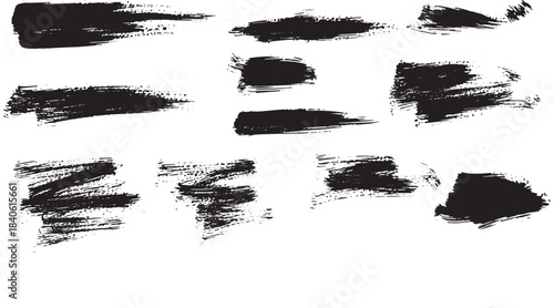 Brush set. Vector black paint brush spots, highlighter lines or felt-tip pen marker. Ink smudge abstract shape stains and smear set with texture