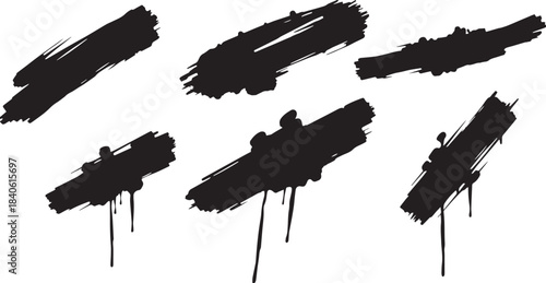 Brush set. Vector black paint brush spots, highlighter lines or felt-tip pen marker. Ink smudge abstract shape stains and smear set with texture