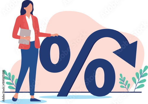 Business inflation - Businesswoman standing with percentage sign and arrow pointing down to loss. Reduction tax and fees concept. Flat design vector stock illustration with white background