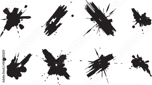 Brush set. Vector black paint brush spots, highlighter lines or felt-tip pen marker. Ink smudge abstract shape stains and smear set with texture