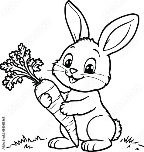 Rabbit Silhouette Vector Featuring Happy Cartoon Bunny Holding Carrot in Outdoor Scene with Grass Tufts
