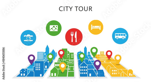 City Tour Illustration: A vibrant illustration showcasing the various attractions and services available on a city tour, with icons representing key points of interest. 