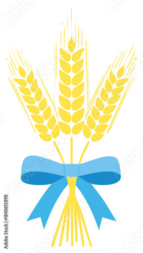 Golden wheat ears tied with a blue bow, a symbol of harvest and agriculture