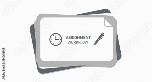 Assignment Workflow Concept: A minimalistic design depicts the workflow process, centered around the theme of assignments with a clock, pen, and document.