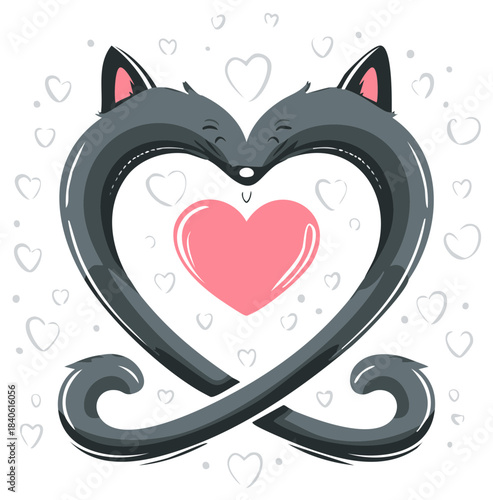 Two cute gray wolves or foxes in love forming a heart shape with their bodies for Valentines Day