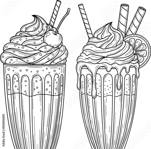 Two Vintage Cocktails with Whipped Cream, Cherry, Wafers, and Citrus Slice for Coloring Book or Dessert Menu.