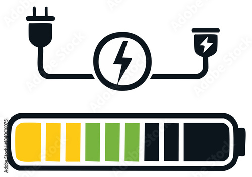 Electrical plug connected to battery icon with charging lightning bolt and progress indicator